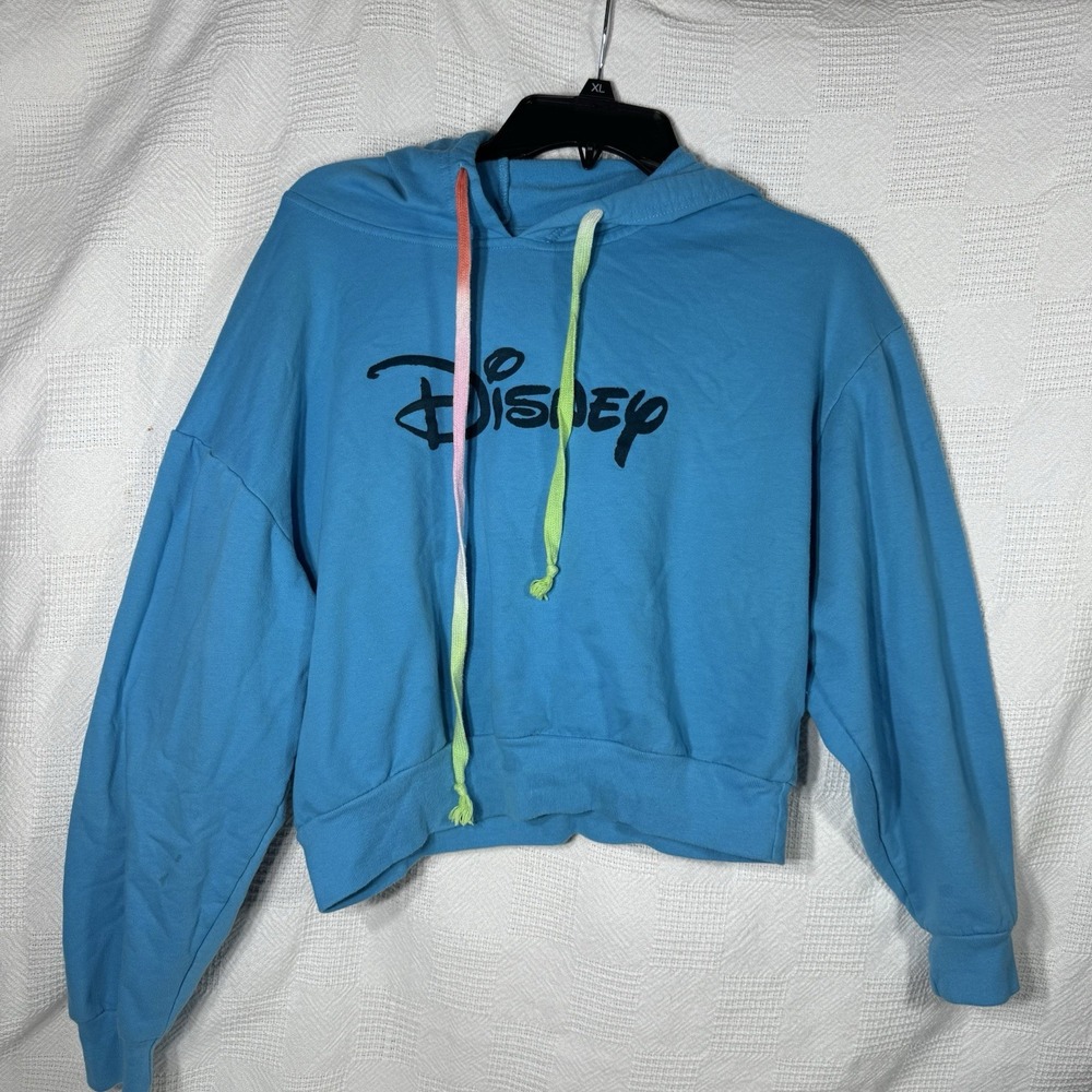 Disney Girls Sweatshirt L Turquoise Logo Hoodie Cropped Pullover Long Sleeve